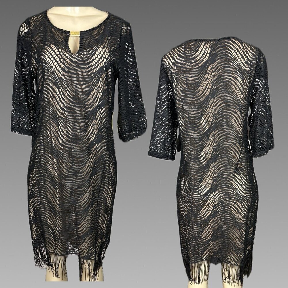 Emma & Michele M Black Openwork Nude Lined Fringe Hemline 3/4 Sleeve Knee Dress